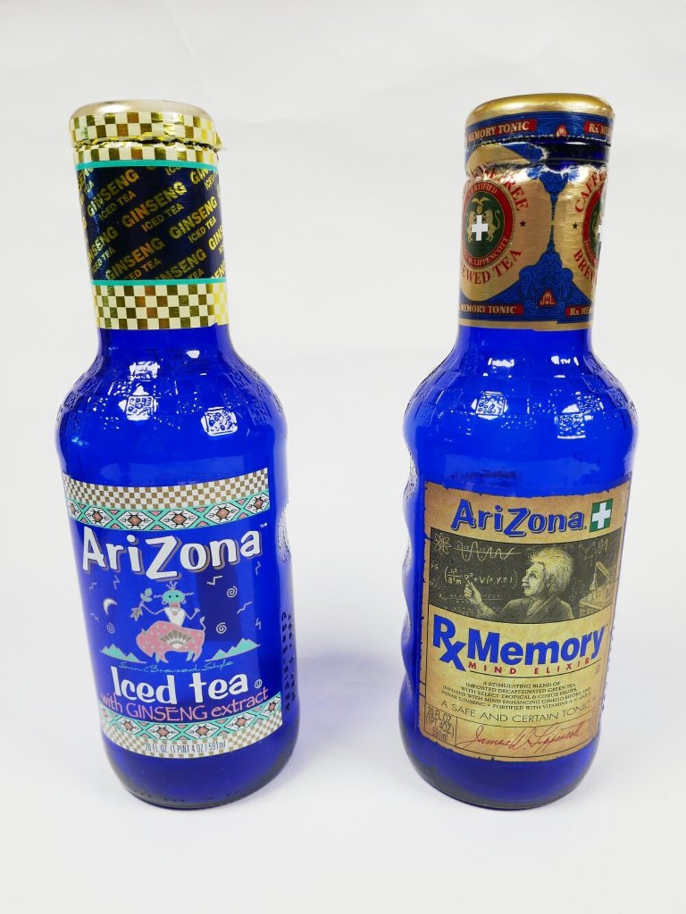 Arizona Iced Tea Vintage 1990s Blue Glass 20oz Bottles w/ Caps Lot of 2